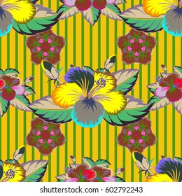Beautiful vector pattern for decoration and design. Watercolor seamless pattern with flowers in violet and green colors. Exquisite pattern with flowers, watercolor effect. Trendy print in vintge style