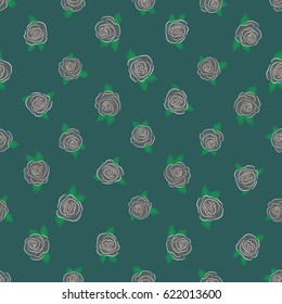 Beautiful vector pattern for decoration and design. Exquisite pattern with green leaves. Watercolor seamless pattern with rose flowers and green leaves on a blue background. Vintage style trendy print