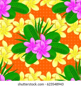 Beautiful vector pattern for decoration and design. Vintage style trendy print. Exquisite pattern of plumeria flowers. Watercolor seamless pattern with plumeria flowers on a orange background.
