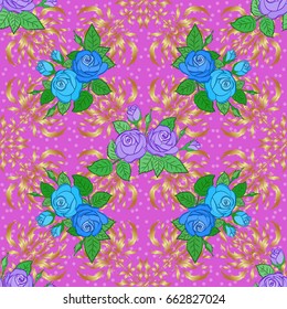 Beautiful vector pattern for decoration and design. Seamless pattern with roses, gold and green leaves on violet background. Vintage style trendy print. Exquisite pattern of rose flowers and leaves.