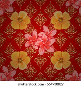 Beautiful vector pattern for decoration and design. Watercolor seamless pattern with plumeria flowers on a red background. Vintage style trendy print. Exquisite pattern of plumeria flowers.