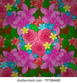 Beautiful vector pattern for decoration and design. Cute seamless pattern with roses, green leaves in magenta and pink colors. Vintage style trendy print. Exquisite pattern of rose flowers and leaves.