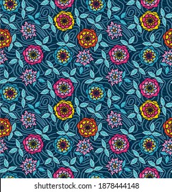 
Beautiful vector pattern with hand drawn leaves and flowers. Floral bouquets in seamless botanical digital background