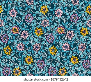 
Beautiful vector pattern with hand drawn leaves and flowers. Floral bouquets in seamless botanical digital background