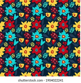 Beautiful vector pattern with hand drawn leaves and flowers. Floral bouquets in seamless botanical digital background