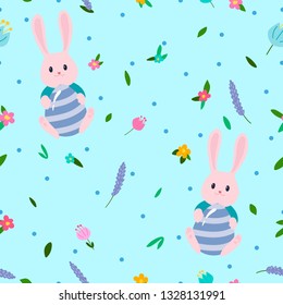 beautiful vector pattern with the image of bunnies with decorated eggs in flowers for Easter