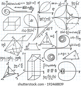 Beautiful vector pattern with mathematical figures and calculations, "handwritten on the copybook paper"