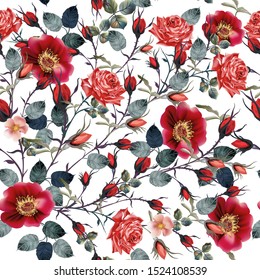 Beautiful vector pattern with red rose flowers in vintage watercolor realistic style