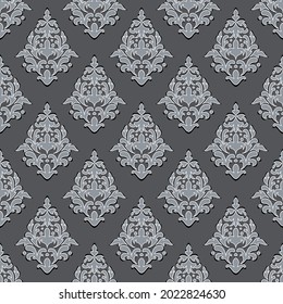 Beautiful vector pattern in the style of damask. Seamless trendy gray print with black and white outline. Great for decorating fabrics, textiles, gift wrapping, printed matter, interiors, advertising.