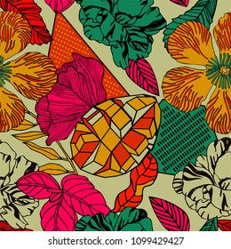 Beautiful vector pattern with tropical plants  and mango fruit. Ideal for fabric prints patterns