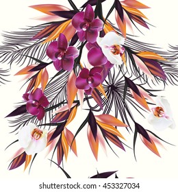 Beautiful vector pattern with tropical plants orchids and palm leafs. Ideal for fabric prints patterns