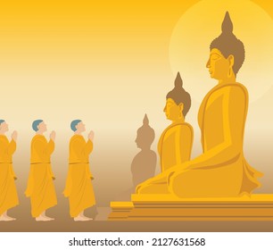 beautiful Vector of peaceful asian monks worship praying to big giant golden Enlightenment mediating Buddha statues for Makha, Visakha, Asarnha Bucha, Visak and buddhist lent day asia holiday vintage