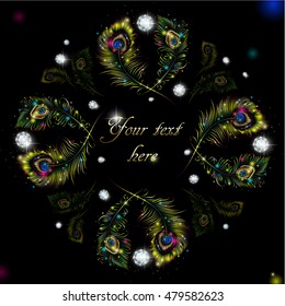 Beautiful vector peacock feathers and diamonds on retro background with space for text.