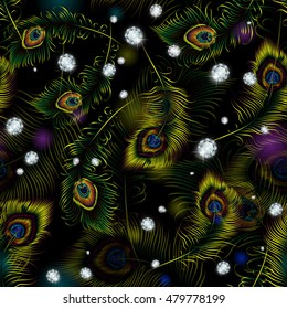 Beautiful vector peacock feathers and diamonds seamless pattern.