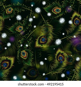 Beautiful vector peacock feathers and diamonds seamless pattern.