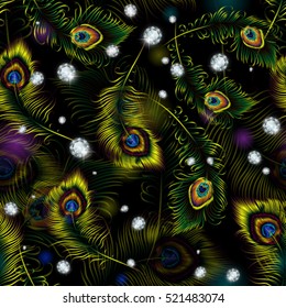 Beautiful vector peacock feathers and diamonds seamless pattern.