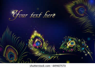 Beautiful vector peacock feathers on retro background with space for text.