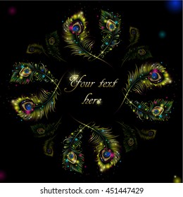 Beautiful vector peacock feathers on retro background with space for text.