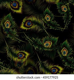 Beautiful vector peacock feathers seamless pattern.