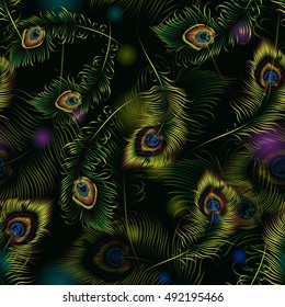 Beautiful vector peacock feathers seamless pattern.