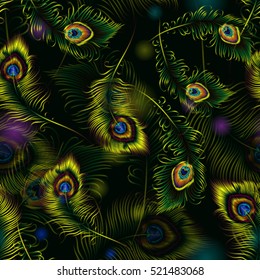 Beautiful Vector Peacock Feathers Seamless Pattern.