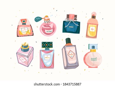 
С Sammlung von schönen Vektorparfüm Flaschen hellfarben. Duft, Parfum, Essenzen, Duft. Schönheitsprodukte, Frauenleben. Für Kosmetikunternehmen, Banner, Designs.