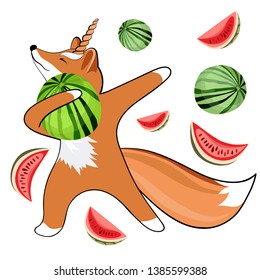 Beautiful vector picture of a unicorn Fox. Fox dancing with flowers and fruit.