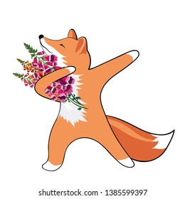 Beautiful vector picture of a unicorn Fox. Fox dancing with flowers and fruit.