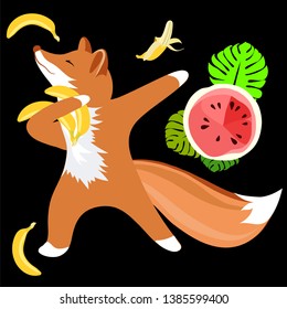 Beautiful vector picture of a unicorn Fox. Fox dancing with flowers and fruit.