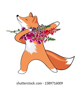 Beautiful vector picture of a unicorn Fox. Fox dancing with flowers.