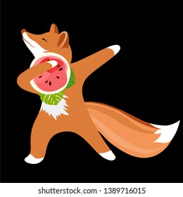 Beautiful vector picture of a unicorn Fox. Fox dancing with fruit.