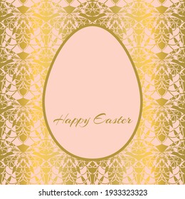 Beautiful vector Pink Easter Egg on pink background with gold honey bees illustration. Decorative greeting card with spring symbols and Happy Easter greeting.