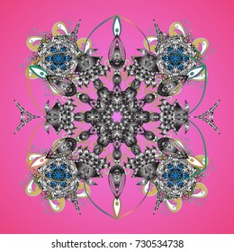 Beautiful vector pink, gray and white snowflakes isolated on a colorful background. Falling Christmas stylized snowflakes. Illustration. Snowflakes, snowfall.