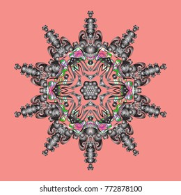 Beautiful vector pink, gray and white snowflakes isolated on a colorful background. Illustration. Snowflakes, snowfall. Falling Christmas stylized snowflakes.
