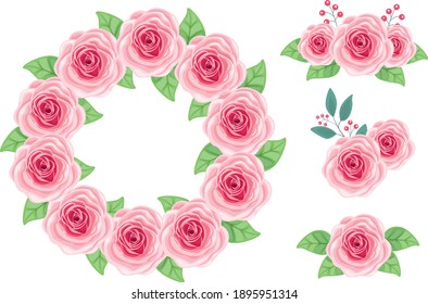 Beautiful vector pink red rose wreath with elements set