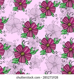 Beautiful vector pink seamless floral pattern with hand drawn and traced stylized flowers and flower outlines