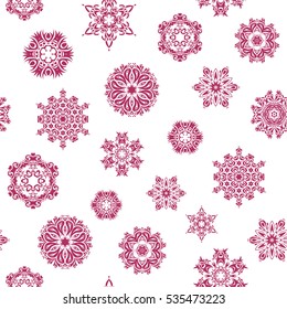 Beautiful vector pink snowflakes isolated on a white background. Snowflakes, snowfall. Falling Christmas stylized snowflakes. Illustration.