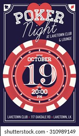 Beautiful vector poker night invitation printable poster or flyer with cool lettering and stylish poker chip. Ideal for printable gaming event promotion in clubs, bars, pubs and public places