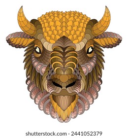 Beautiful vector portrait of a bison in zenart style. Decorative abstract element for printing on clothing.