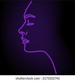 Beautiful vector portrait of a human face. An illustration of a human head made from a dot image. Portrait in one line. The face is neon on a black background.