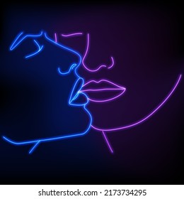 Beautiful vector portrait of a human face. An illustration of a human head made from a dot image. Portrait in one line. The face is neon on a black background.
