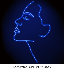 Beautiful vector portrait of a human face. An illustration of a human head made from a dot image. Portrait in one line. The face is neon on a black background.