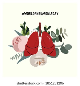 Beautiful vector postcard to World Pneumonia Day. The concept of a healthy and blooming human lungs. Nice vector flat illustration in cartoon style with hashtag from World Health Organization. 