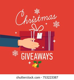 Beautiful vector poster or banner design on 'Christmas Giveaways' holiday offers with hands holding red gift box.