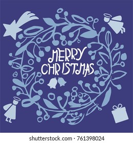 beautiful vector poster of Merry Christmas  with beautiful floral stylized garland, bells, star, cute angels, gift box  and text Merry Christmas. great poster for greeting card, invitation, open card