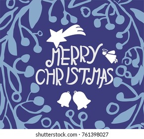 beautiful vector poster of Merry Christmas  with beautiful floral stylized garland, bells, star, cute angels, gift box  and text Merry Christmas. great poster for greeting card, invitation, open card