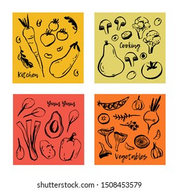 Beautiful Vector posters with hand drawn Vegetables. Concept designs with different Veggies. Printable Food art.