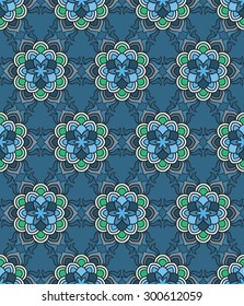 Beautiful vector Print Seamless Pattern. Mandala Flowers with blue background.