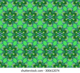 Beautiful vector Print Seamless Pattern. Mandala Flowers with green background.