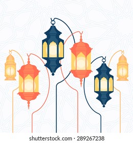 Beautiful vector Ramadan lanterns illustration with traditional Arabic pattern background. Ideal for greeting cards, banners and printables